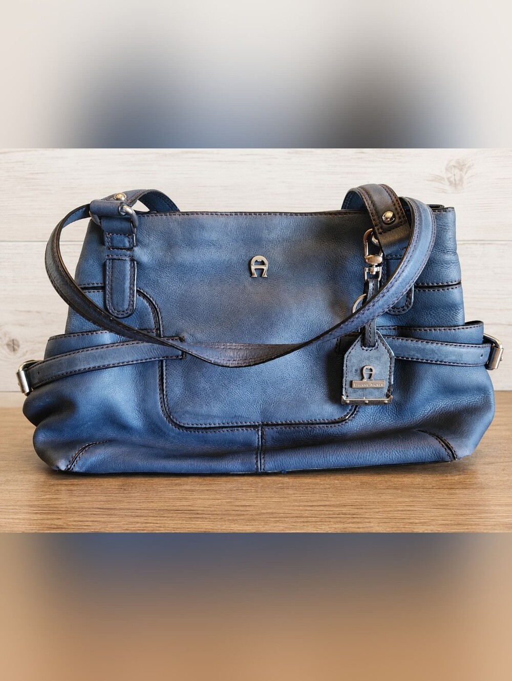 Etienne Aigner Blue Pebbled Leather Shoulder Tote Purse Side Pockets